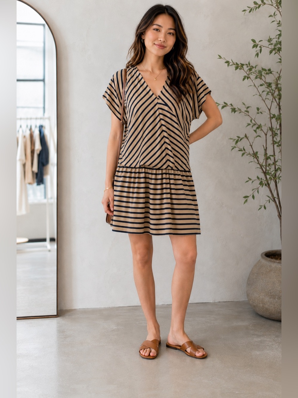 MNG by Mango Tan Navy Striped Drop Waist Dress